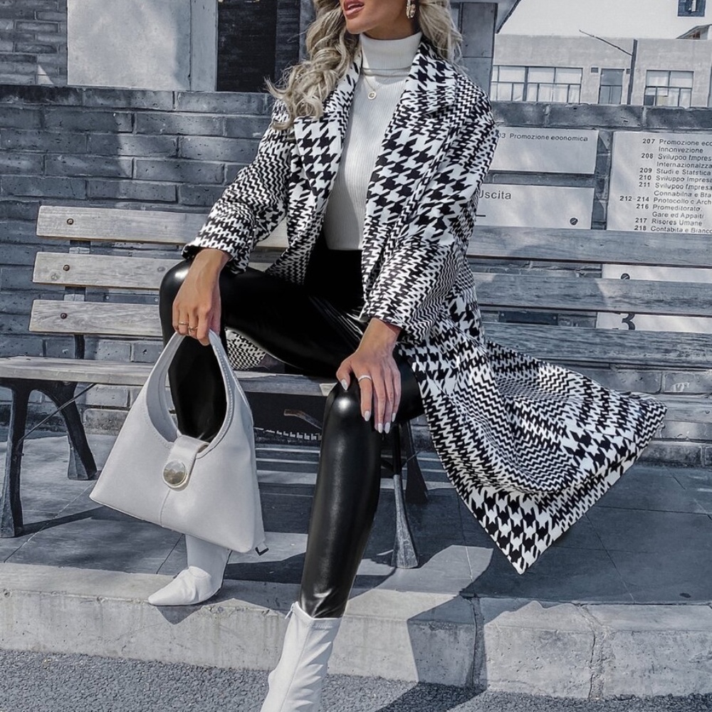 black white houndstooth long trench pea coat jacke - Picture 2 of 7